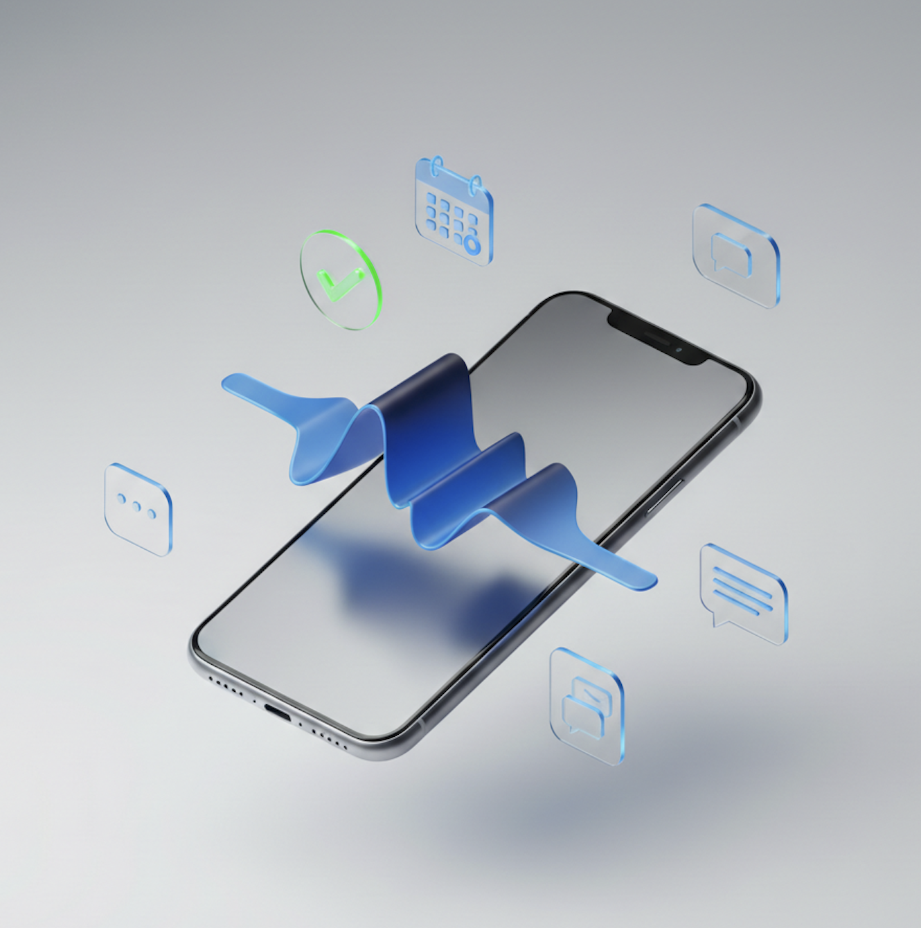 AI automation visualization showing smartphone with voice wave and icons